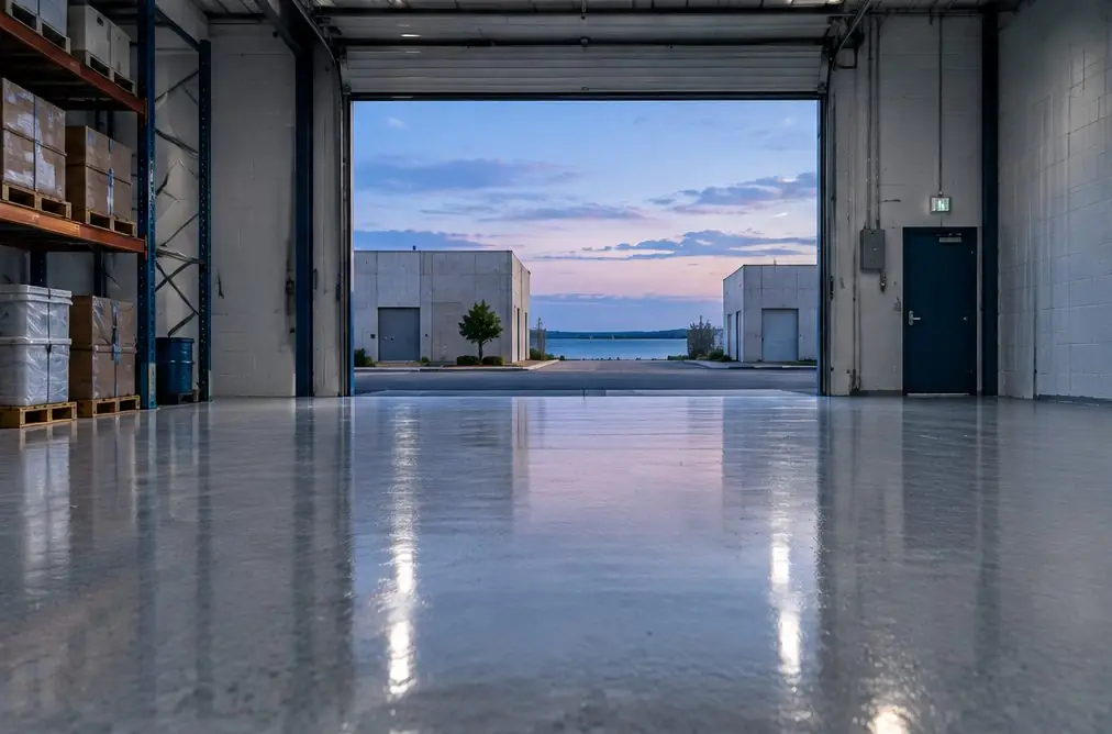 Illustration: a coated floor seen from inside, with Bayfront and Bay Boulevard beyond the open door