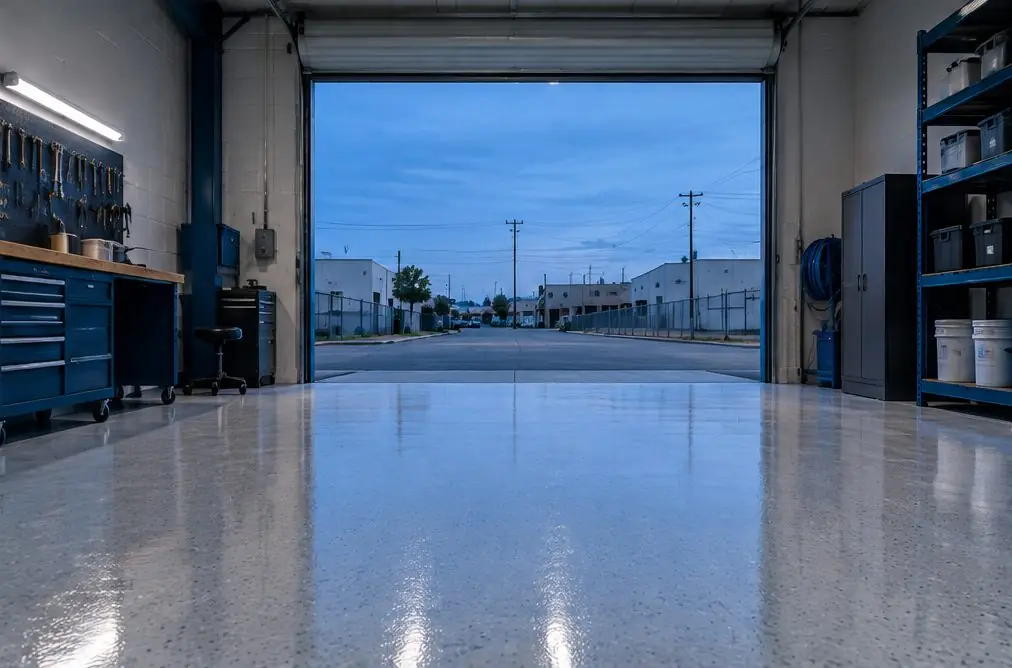 Illustration: a coated floor seen from inside, with Main Street in Otay beyond the open door