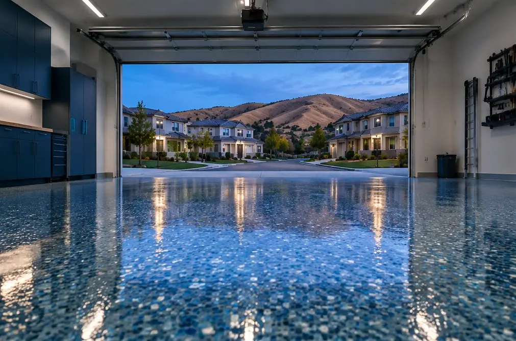 Illustration: a coated floor seen from inside, with Otay Ranch beyond the open door